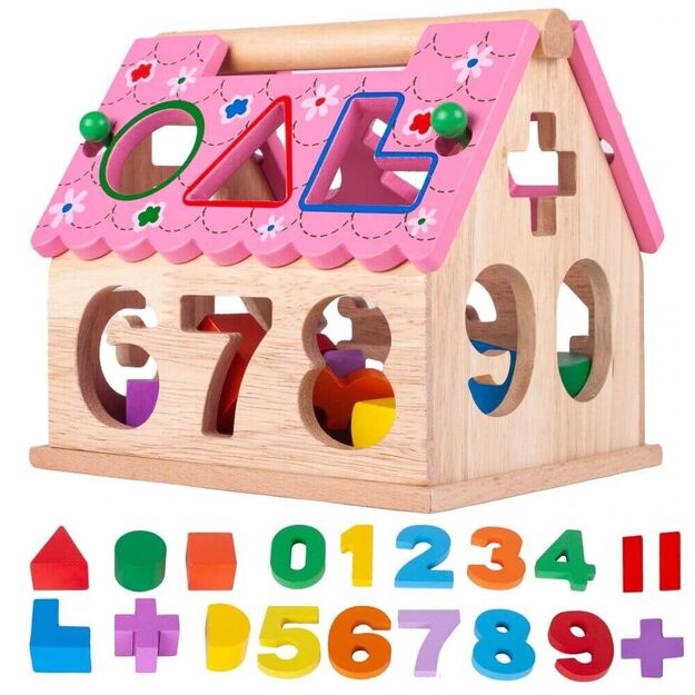 Medinis rūšiuoklis namelis su skaičiais ir formomis
