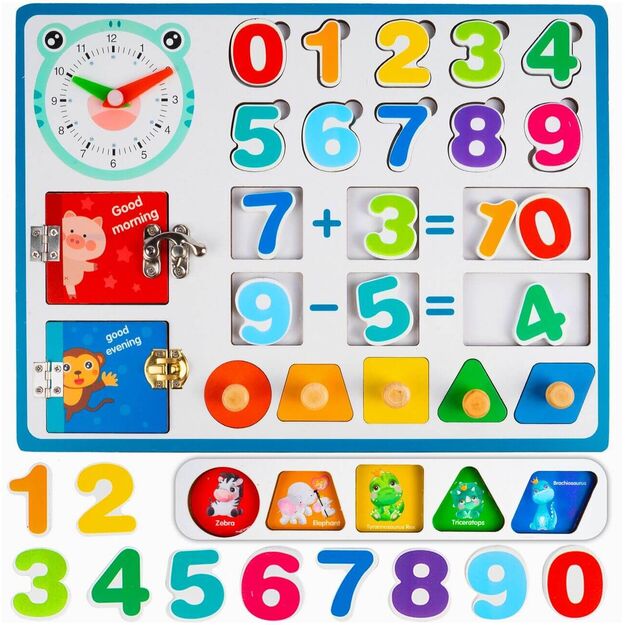 Medinė manipuliacinė mokomoji lenta matematikos skaičiai, laikrodis
