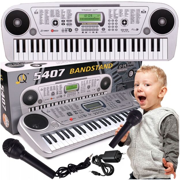 Vaikiškas pianinas su mikrofonu, 54 klavišai, sidabrinis