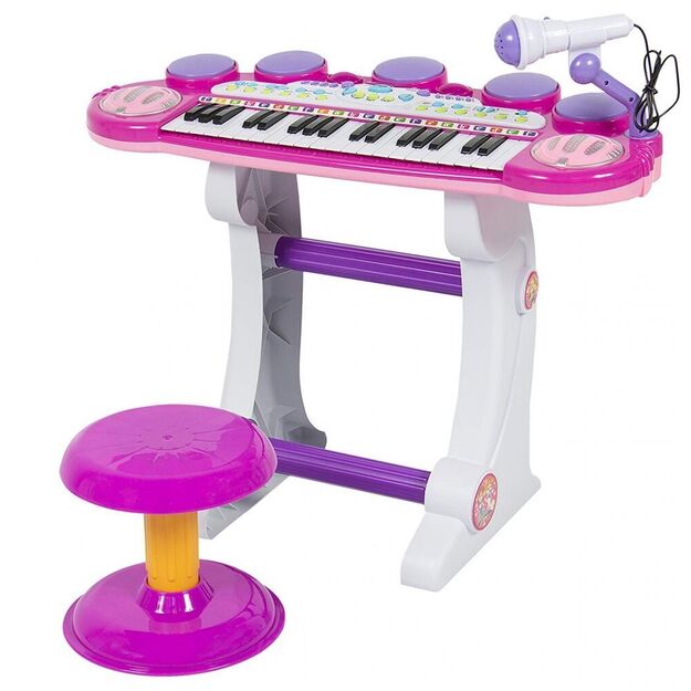 Vaikiškas rožinis elektroninis pianinas + mikrofonas ir būgnai