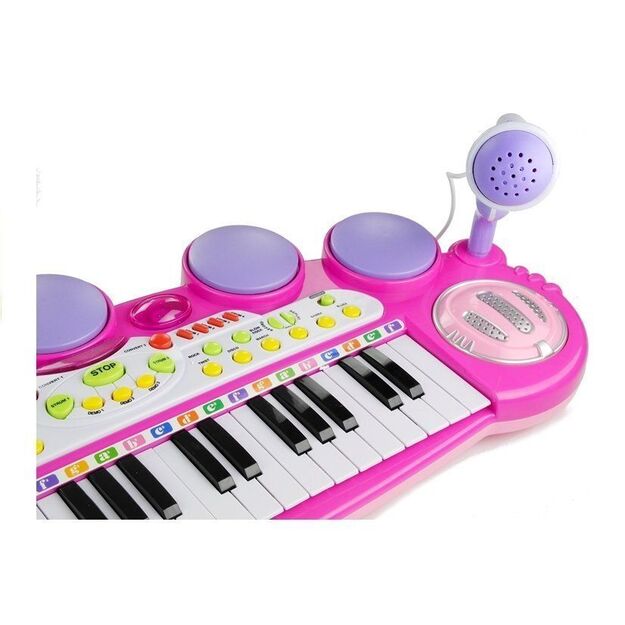 Vaikiškas rožinis elektroninis pianinas + mikrofonas ir būgnai