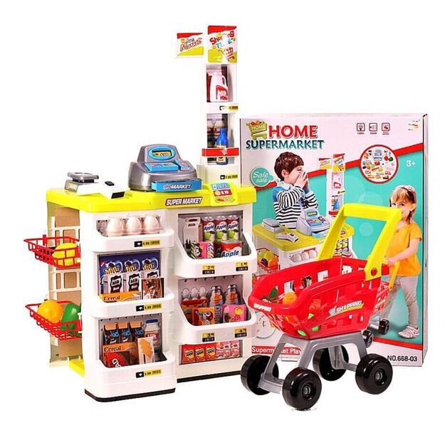 Žaislinė parduotuvė su vežimėliu, kasos aparatu ir priedais