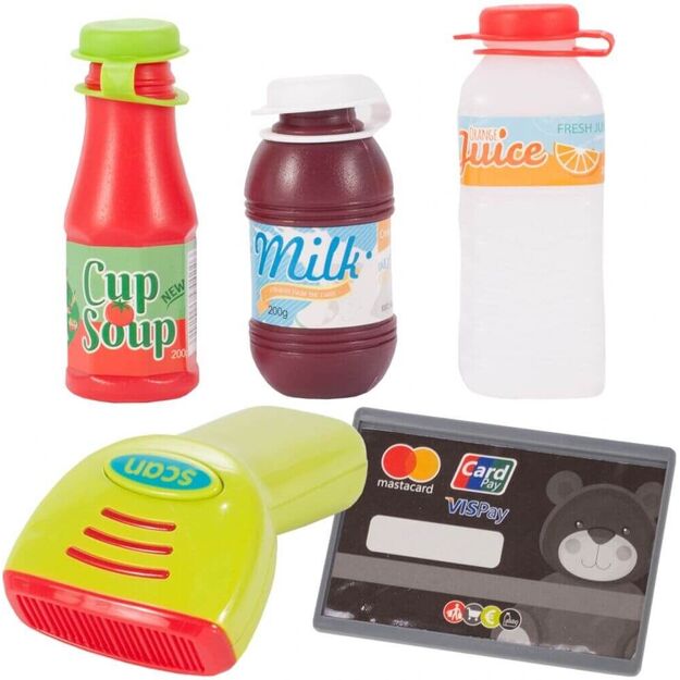 Žaislinis kasos aparatas su jutikliniu skydeliu + pirkinių krepšeliu, kortele ir produktais