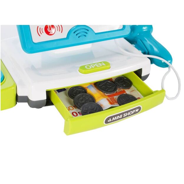 Žaislinis kasos aparatas su jutikliniu skydeliu, skaitytuvu ir gaminiais