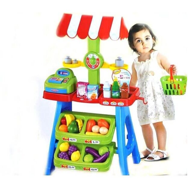 Žaislinė vaisių, daržovių parduotuvė su kasos aparatu