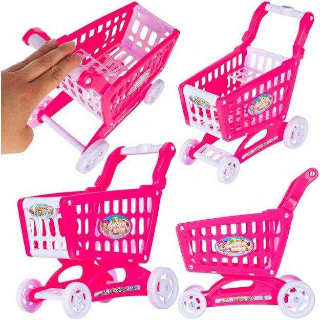 Žaislinis kasos aparatas su pirkinių krepšeliu ir vežimėliu (rožinis)