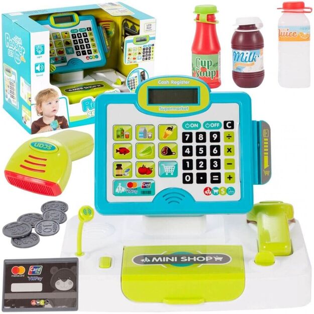 Žaislinis kasos aparatas su jutikliniu skydeliu + pirkinių krepšeliu, kortele ir produktais