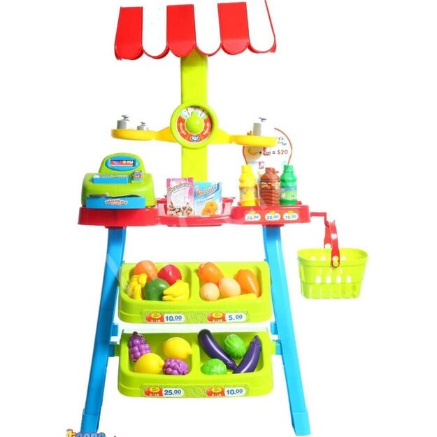 Žaislinė vaisių, daržovių parduotuvė su kasos aparatu