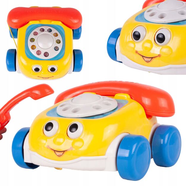 Žaislinis telefonas kūdikiui su ratukais ir virvele