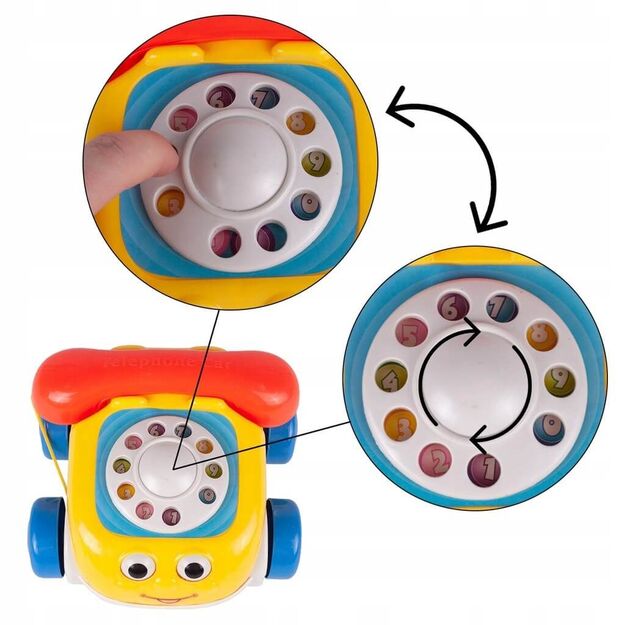 Žaislinis telefonas kūdikiui su ratukais ir virvele