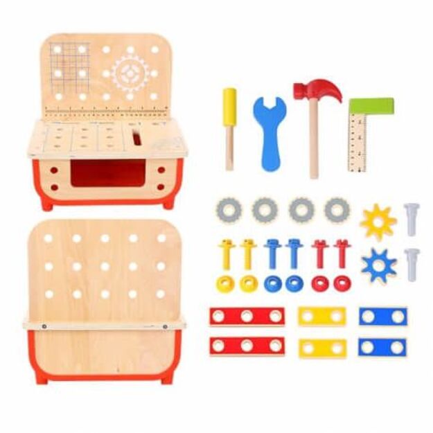 Žaislinis medinis dirbtuvių stalas su įrankiais, 31vnt