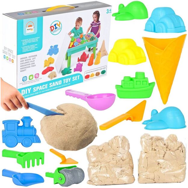 Žaislinis smėlio dėžės ir vandens stalas su kinetiniu smėliu ir priedais