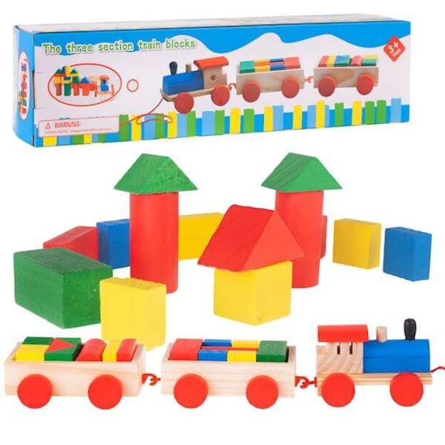 Žaislas Medinis traukinys su kaladėlėm