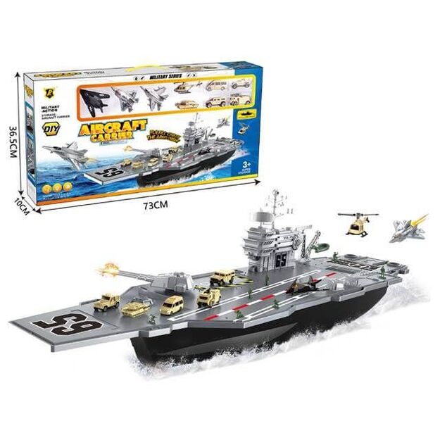 Žaislinis didelis karinis laivas su lėktuvais ir automobiliais 