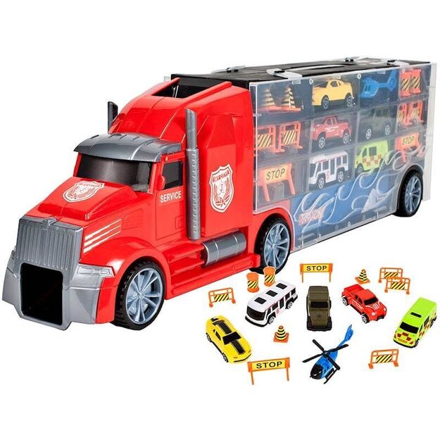 Didelis žaislinis sunkvežimis su 5 automobiliais ir malūnsparniu