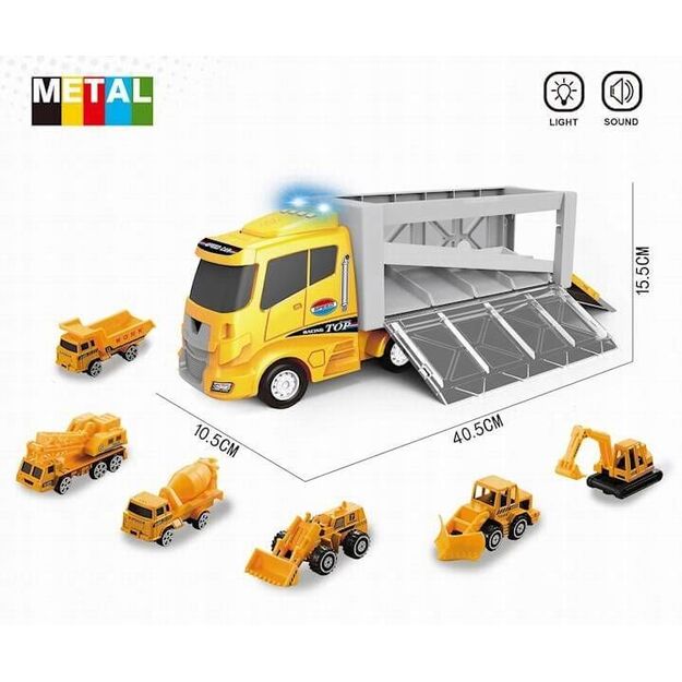 Žaislinis sunkvežimis vilkikas su metalinės konstrukcijos automobiliais