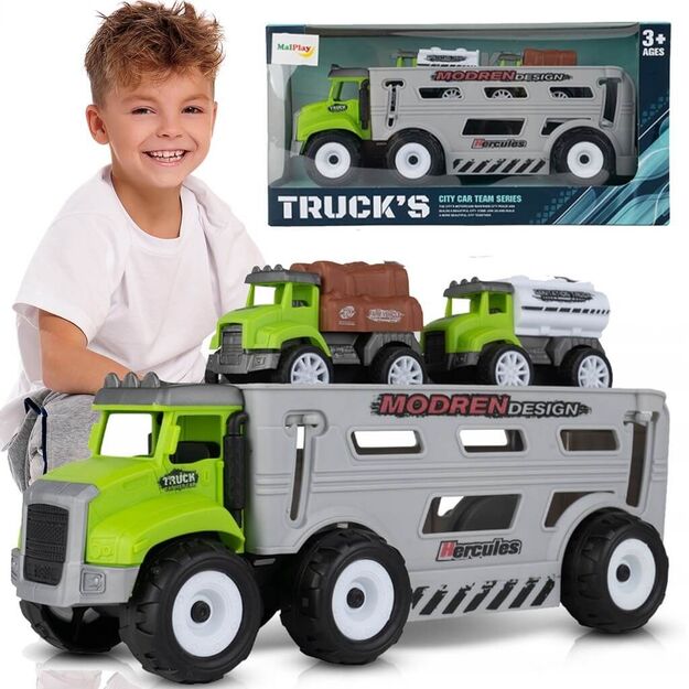 Žaislinis sunkvežimis su žemės ūkio automobiliais