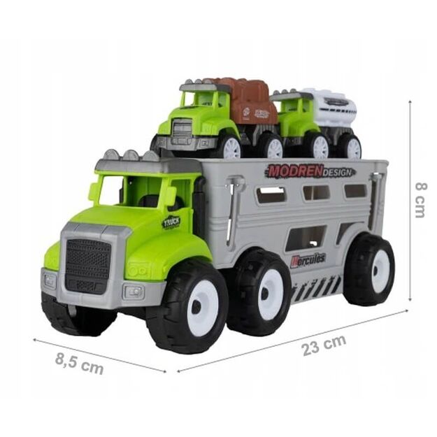 Žaislinis sunkvežimis su žemės ūkio automobiliais