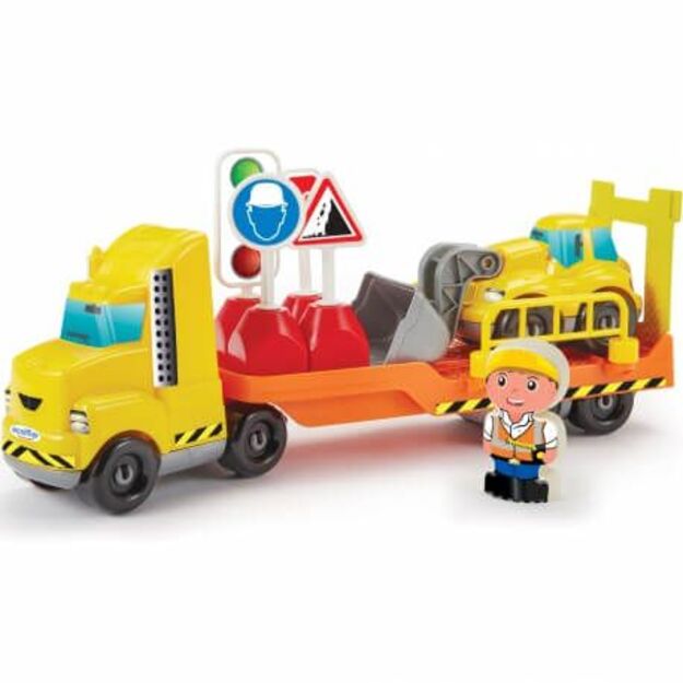 Žaislinis sunkvežimis su kelių statybos rinkiniu