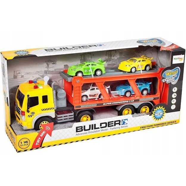 Žaislinis sunkvežimis vilkikas su lengvaisiais automobiliais