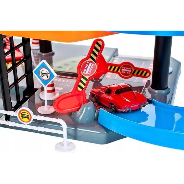 Žaislinė automobilių stovėjimo aikštelė su trasa ir automobiliais