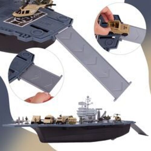 Žaislinis didelis karinis laivas su lėktuvais ir automobiliais 