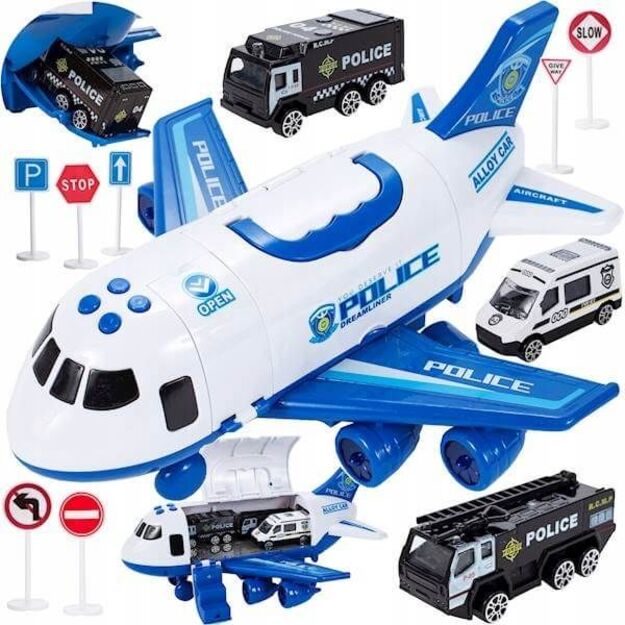 Žaislinis lėktuvas su 3 metaliniais policijos automobiliais