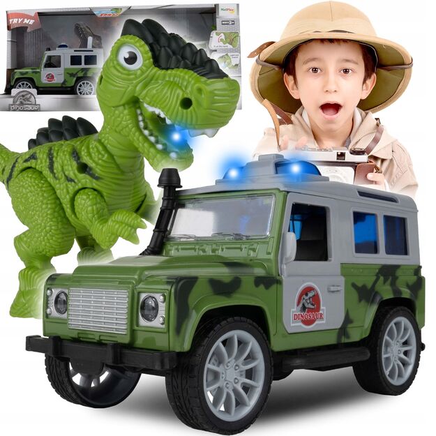 Žaislinis automobilis su dinozauru ir priekaba, su šviesos ir garso efektais