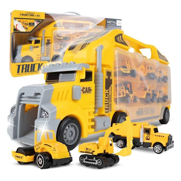 Žaislinis sunkvežimis vilkikas su 6 metaliniais automobiliais, šviesa ir garsu