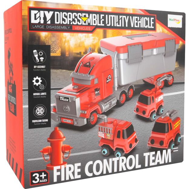 Žaislinis gaisrinis vilkikas su atskirų elementų surinkimu ir 3 automobiliais