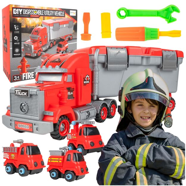 Žaislinis gaisrinis vilkikas su atskirų elementų surinkimu ir 3 automobiliais