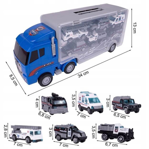 Žaislinis sunkvežimis vilkikas su 6 metaliniais automobiliais 