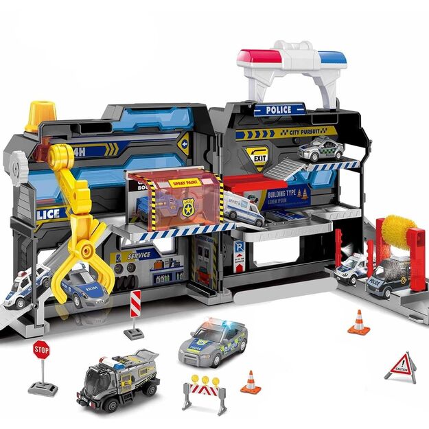 Žaislinė Policijos automobilių stovėjimo aikštelė su lipdukais ir 2 automobiliais