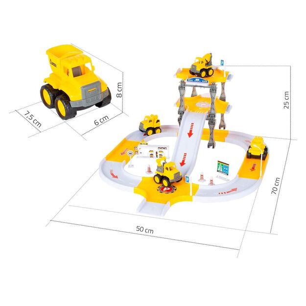 Žaislinė automobilių stovėjimo aikštelė - trasa su 4 statybiniais  automobiliais