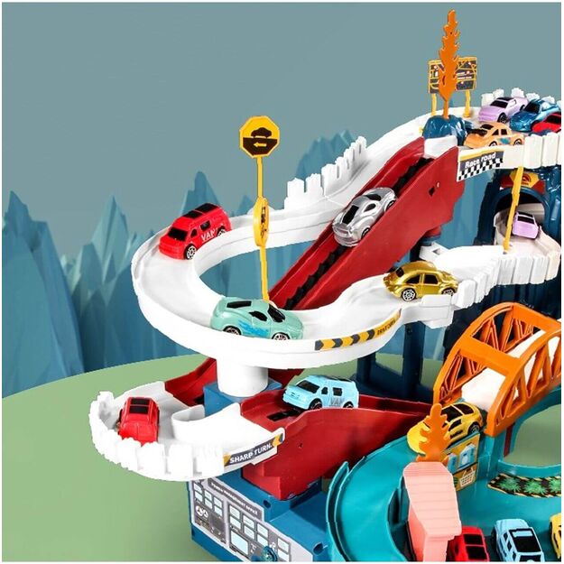 Žaislinė automobilių trasa su stovėjimo aikštele ir 4 automobiliais Dinozauras