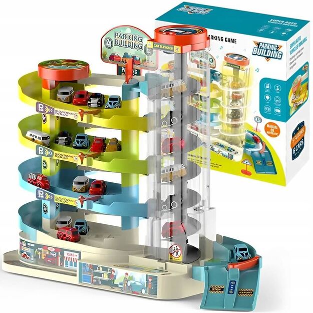 Žaislinė 5 aukštų stovėjimo aikštelė, trasa su elektriniu keltuvu ir 6 automobiliais