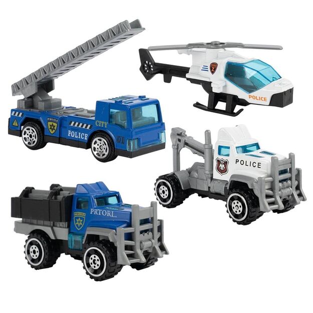 Žaislinė policijos automobilių stovėjimo aikštelė su 3 automobiliais ir sraigtasparniu