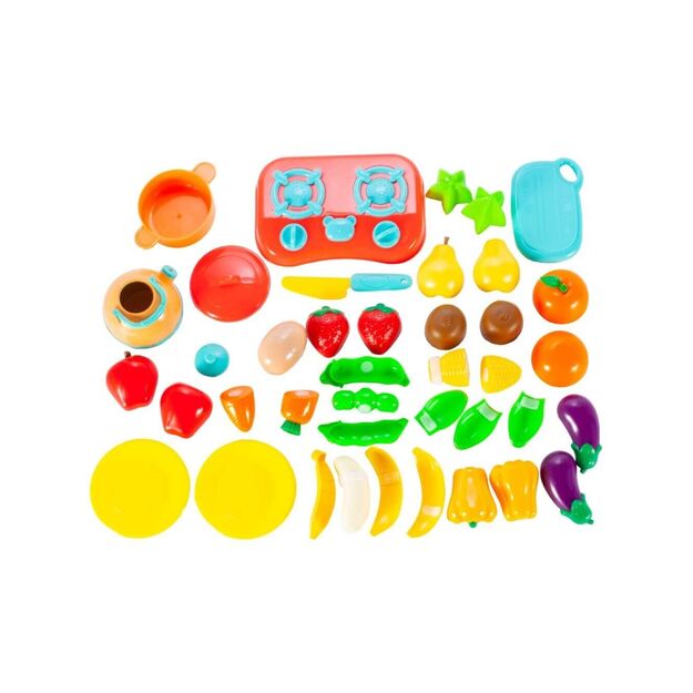Pirkinių krepšelis su vaisiais, daržovėmis pjaustymui ir virykle