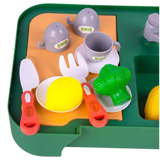 Vaikiška virtuvė su priedais ir kriaukle lagamine