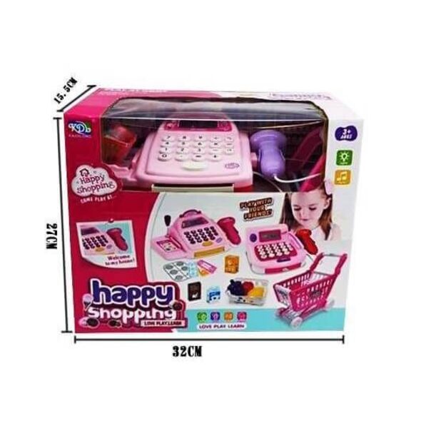 Žaislinis kasos aparatas su pirkinių krepšeliu ir vežimėliu (rožinis)